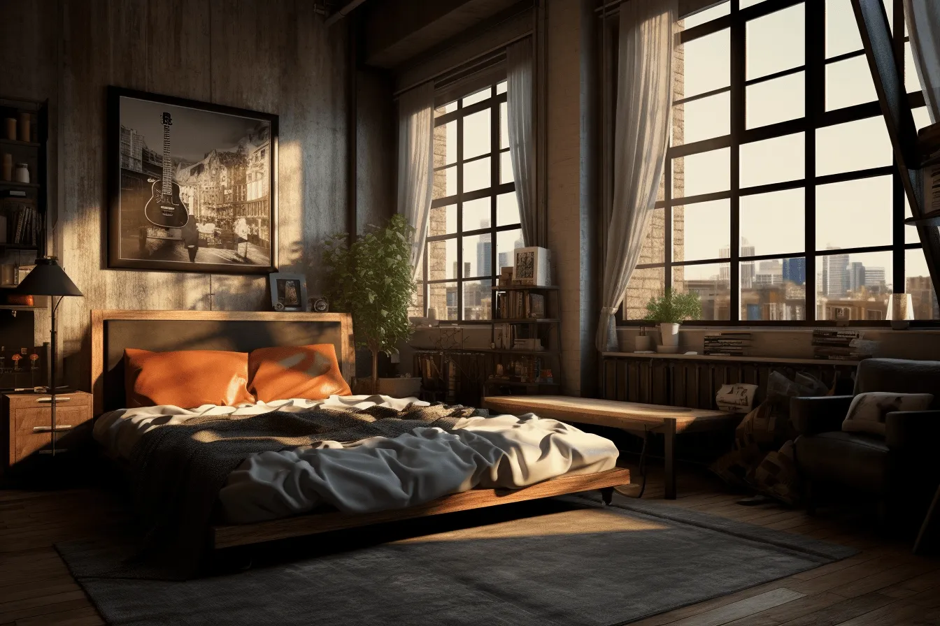 Bed near the window, vray tracing, industrial urban scenes, 32k uhd, orange and brown, romantic landscapes, wood, atmospheric ambience