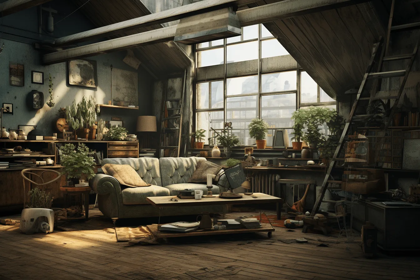 Room with a couch, post-apocalyptic themes, vray tracing, highly detailed foliage, 32k uhd, realistic urban scenes, golden light, dutch genre scenes