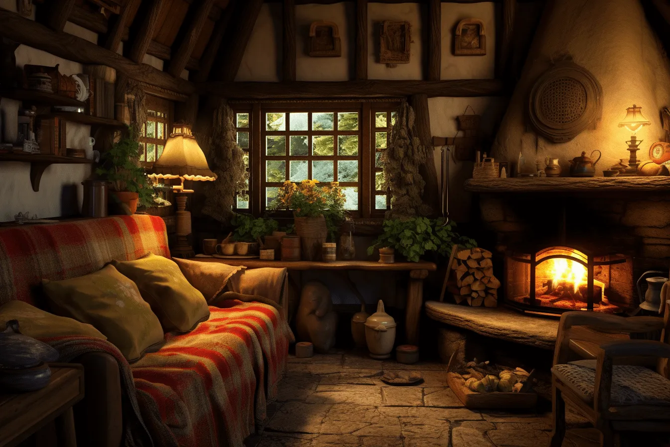 Room is decorated, rendered in maya, primitivist realism, uhd image, english countryside scenes, unreal engine 5, red and amber, fairytale-inspired
