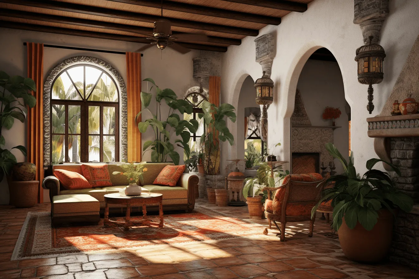 Room is arched, exotic, solarization effect, terracotta, uhd image, rustic americana, mediterranean-inspired