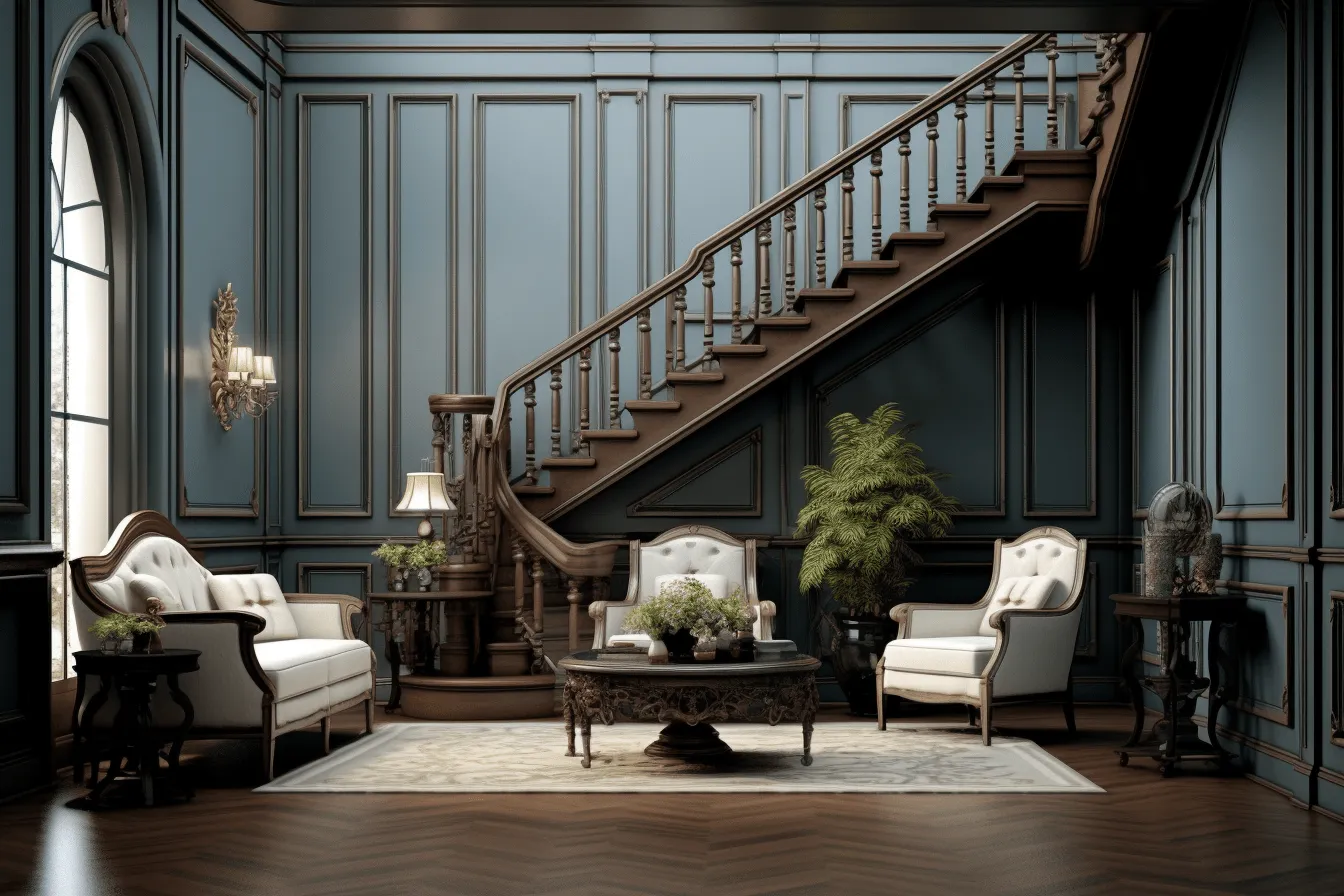 This room has blue walls and a white couch in it, victorian era, uhd image, dark gray and dark brown, intricate woodwork, realistic, detailed rendering, neoclassical themes, victorian