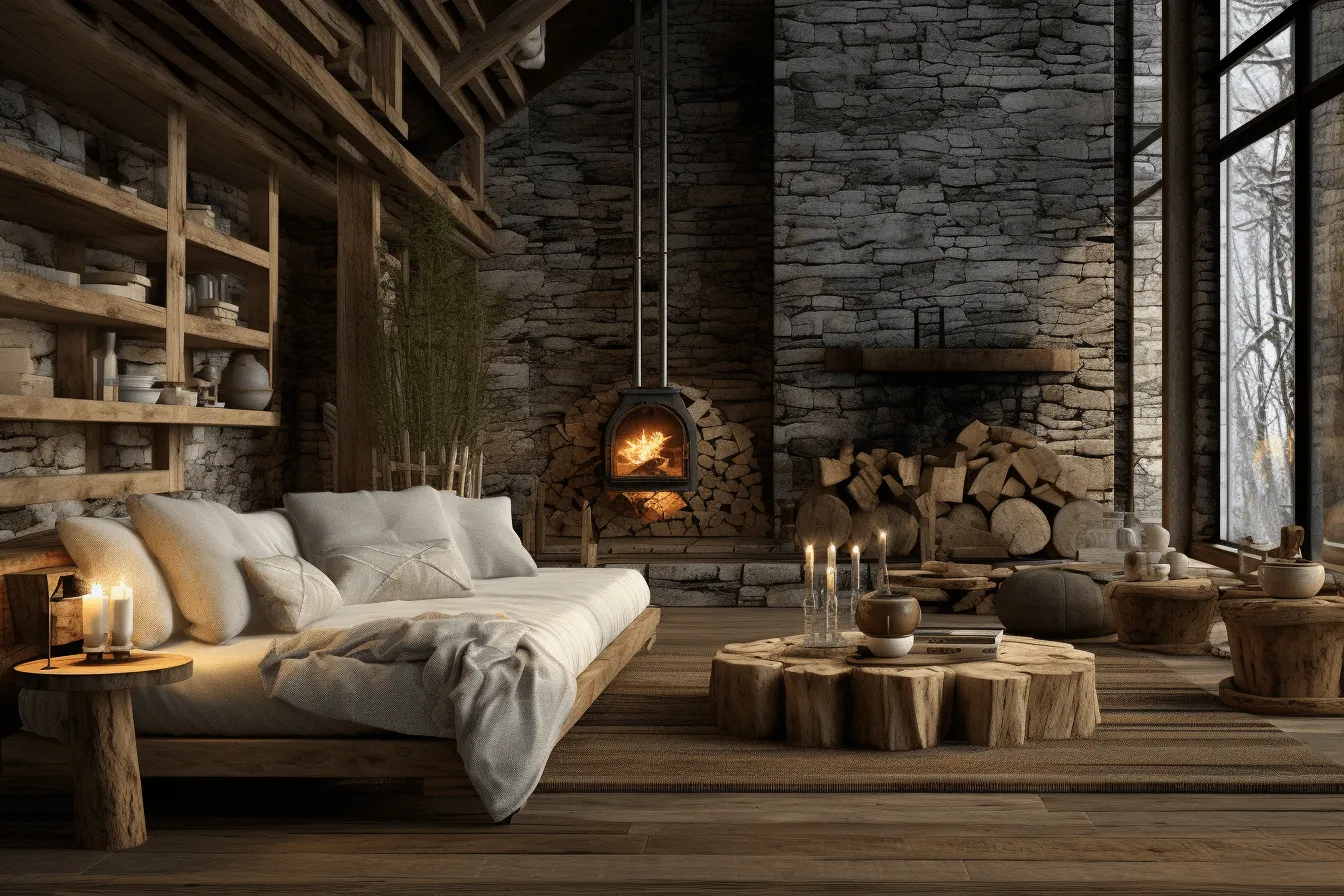 Living room is in a rustic wooden house, photorealistic rendering, stone, romantic chiaroscuro, wilderness, earth tone color palette, high quality photo, uhd image