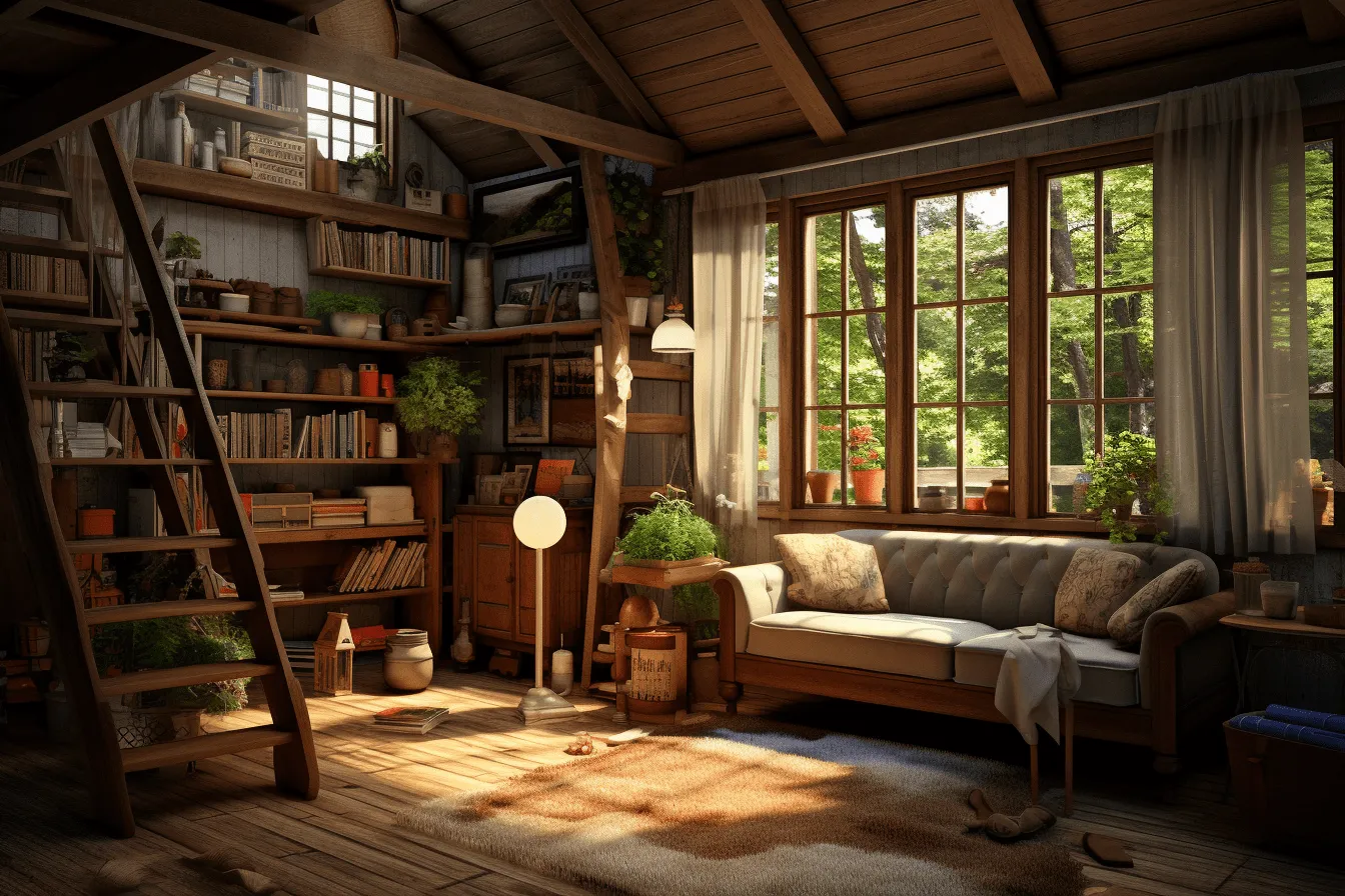 Brown wooden ceiling, tranquil gardenscapes, kitsch and camp charm, photorealistic rendering, studyplace, sunrays shine upon it, everyday life depiction, cabincore