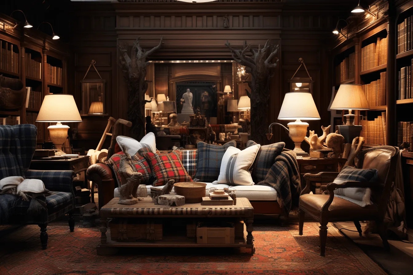 Sofa, chairs and couches in a library, detailed hunting scenes, photobashing, classic americana, exquisite lighting, handcrafted objects, scottish landscapes, mirrored