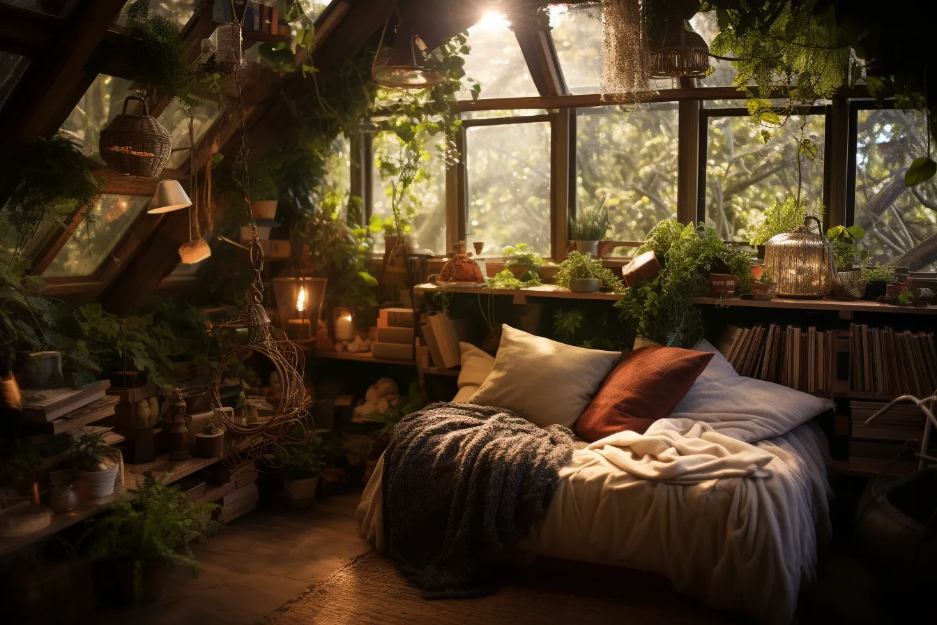 Room with a bed and lots of plants, atmospheric woodland imagery, romantic fantasy, cabincore, moody lighting, uhd image, recycled, solarizing master
