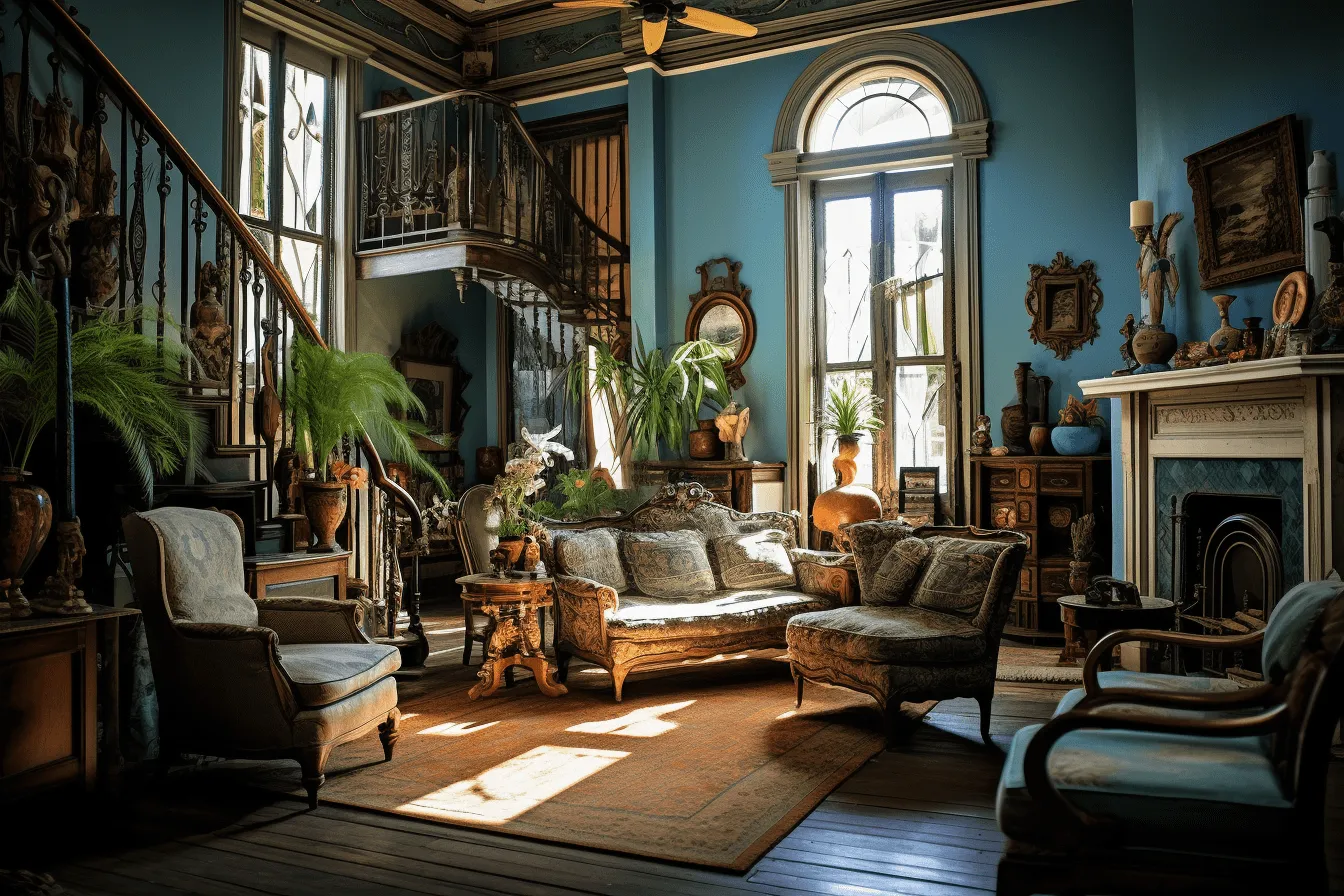 Ornate piece of furniture, highly staged scenes, dark sky-blue and light brown, rich and immersive, uhd image, manapunk, edwardian beauty, light-filled
