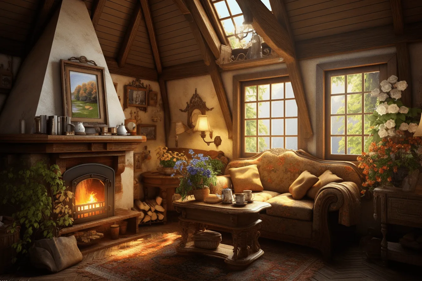 Room with a fireplace, highly detailed environments, swiss style, sunrays shine upon it, storybook-esque, 32k uhd, realistic landscapes with soft, tonal colors, light amber