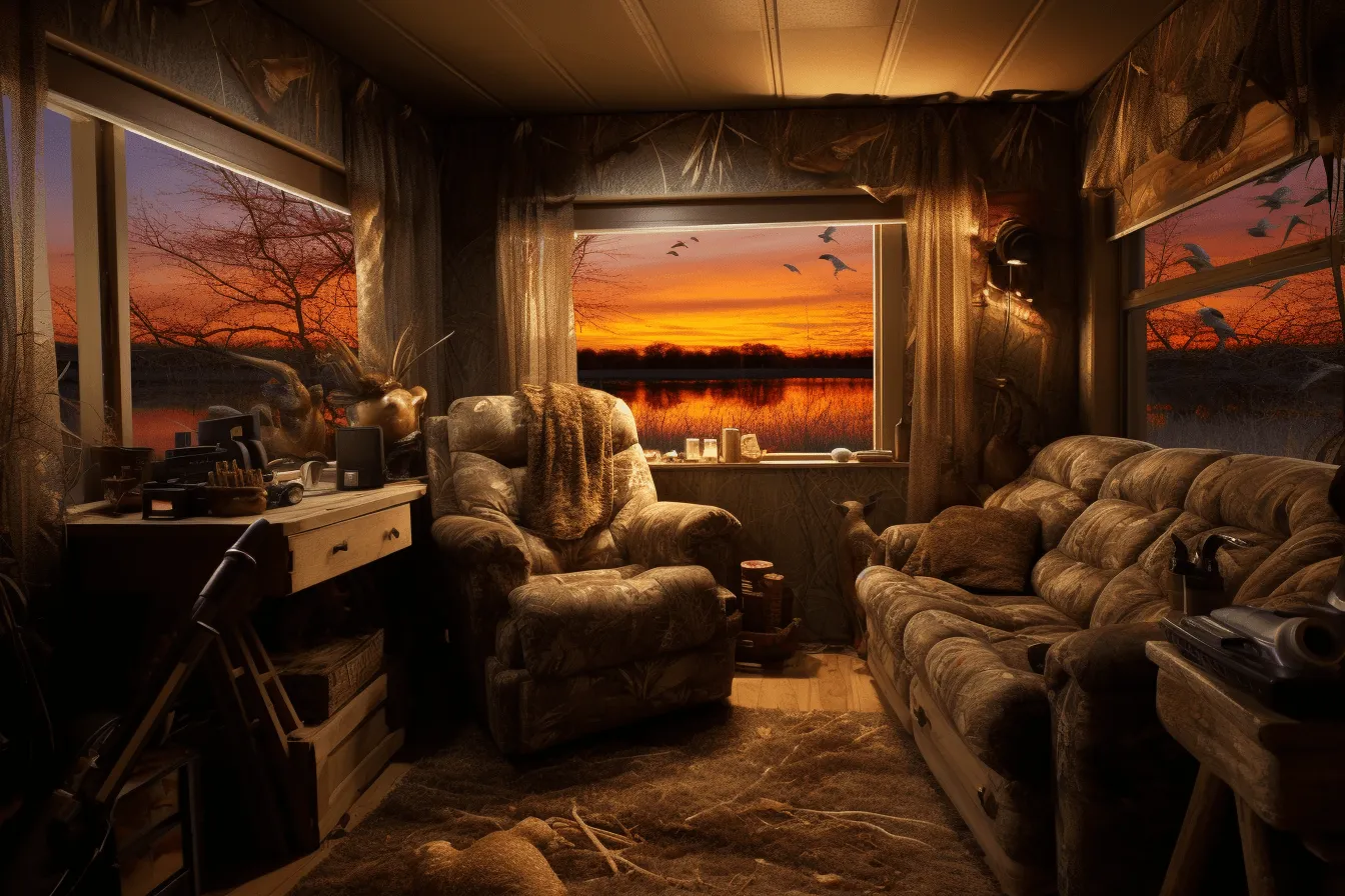 Tan sofa and chairs, post-apocalyptic landscapes, cabincore, photorealistic wildlife art, mood lighting, webcam photography, impressive panoramas, detailed hunting scenes