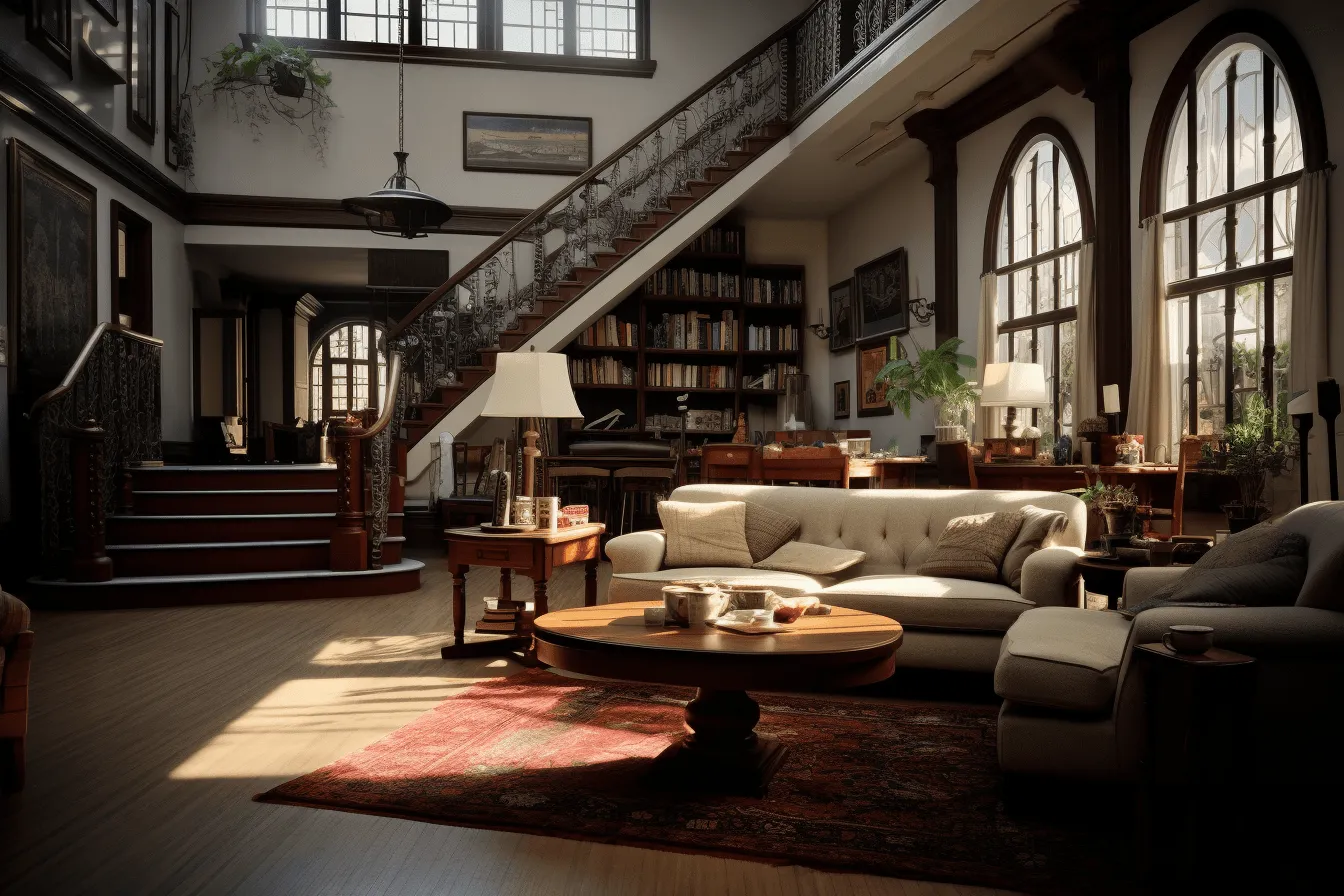 Room with a high ceiling, rendered in unreal engine, classic academia, moody and tranquil scenes, unreal engine, classic americana, bibliopunk, light-filled