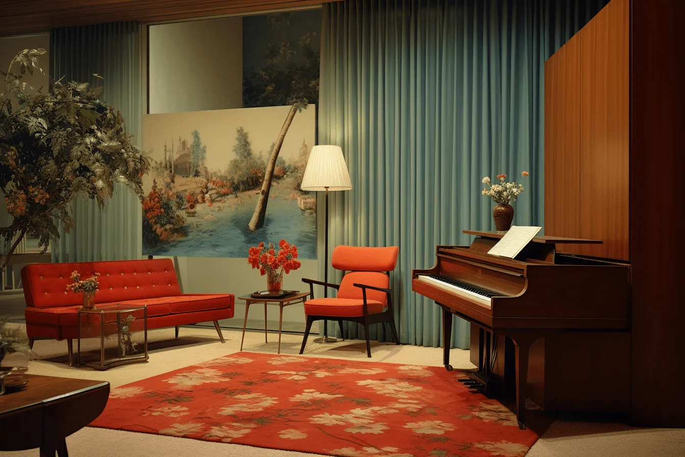 Living room with a red chair and colorful rug, realistic genre scenes, sketchfab, american barbizon school, wallpaper, musical  influences, light orange and azure, floral accents