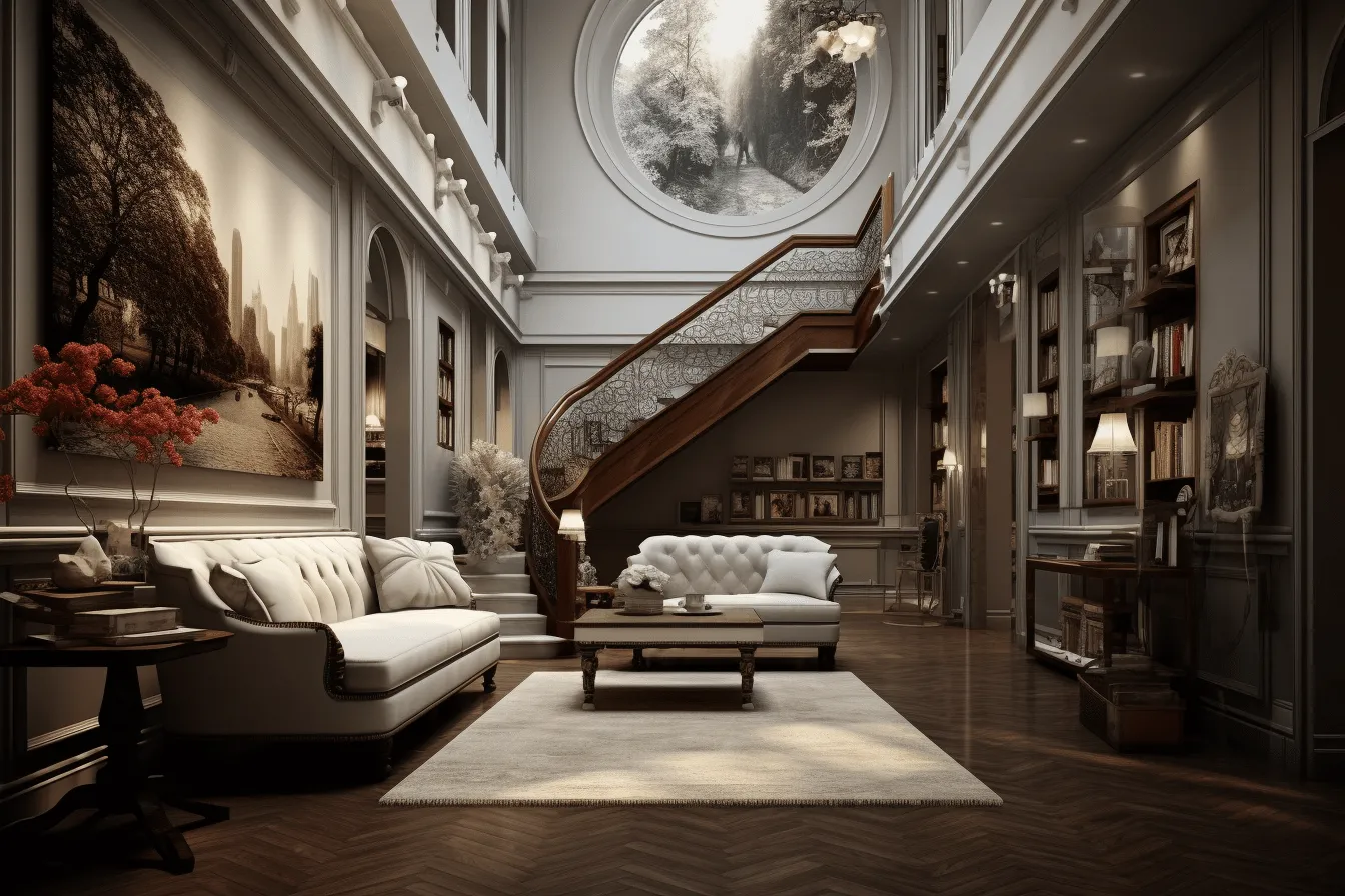 Room with a staircase and sofa, highly detailed environments, realistic and hyper-detailed renderings, cinematic elegance