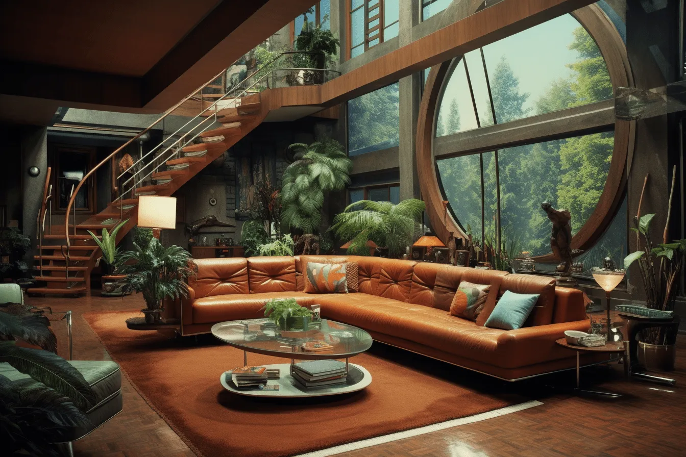 Room with a staircase beside a couch inside, metropolis meets nature, daz3d, 1970s, terracotta, realistic urban scenes, leather/hide, luxurious interiors