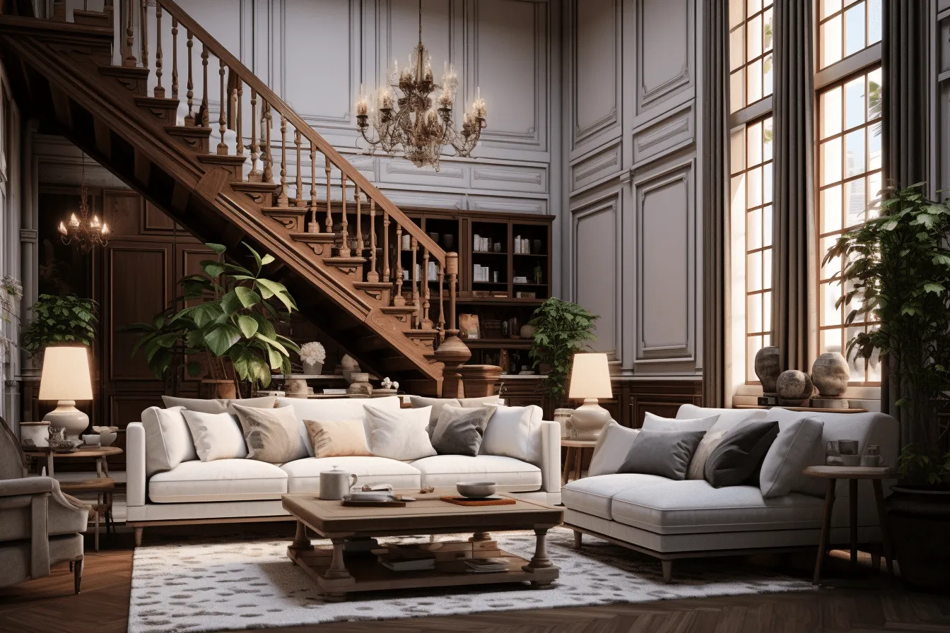 Room with a staircase, couches and other furniture, neoclassical clarity, vray tracing, light beige and dark amber, uhd image, french countryside, the aesthetic movement, richly layered
