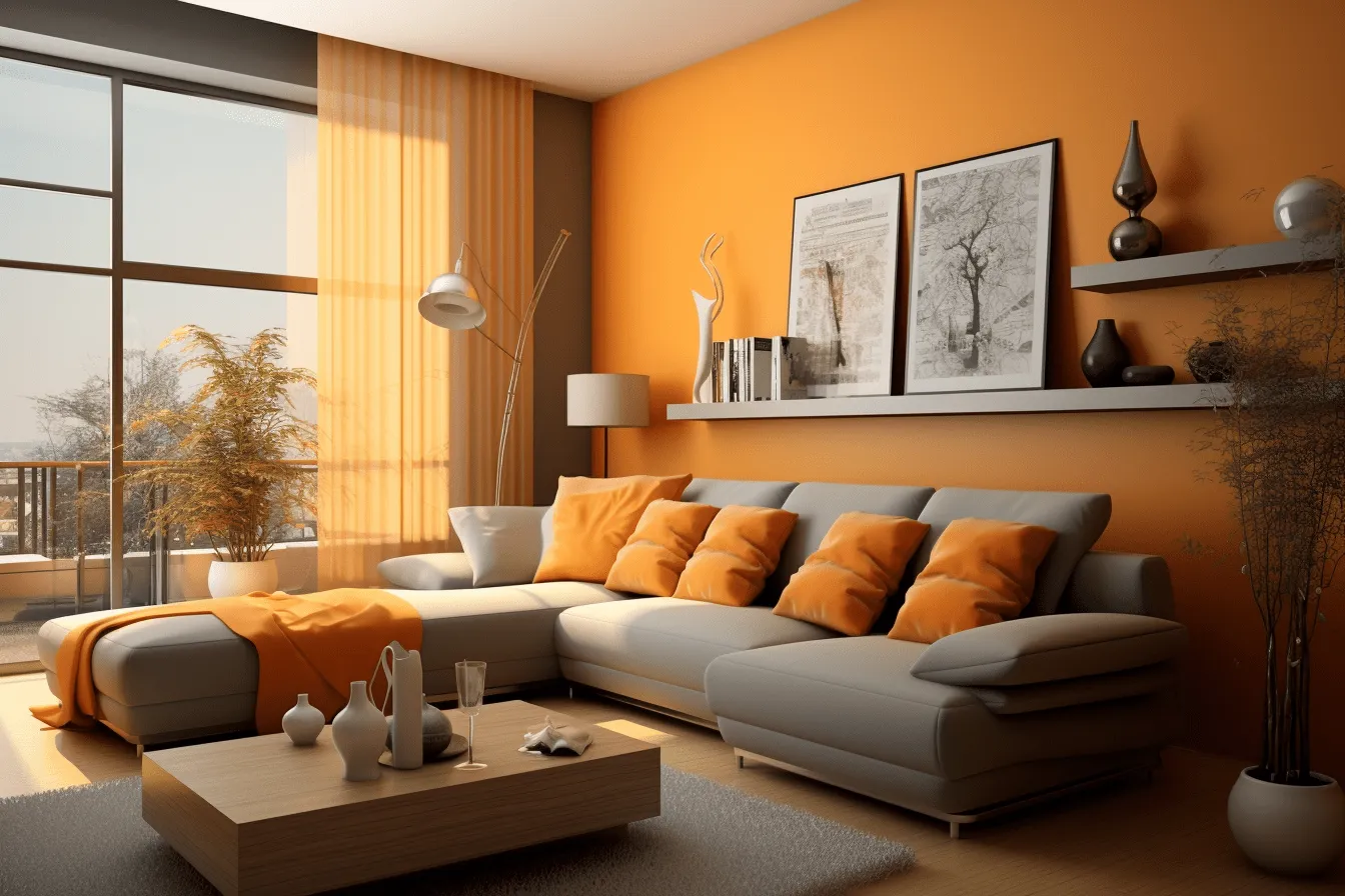 Room containing multiple orange pieces of furniture, monochromatic color scheme, highly realistic, soft, blended colors, spot metering, digitally enhanced, sharp & vivid colors, light orange and silver