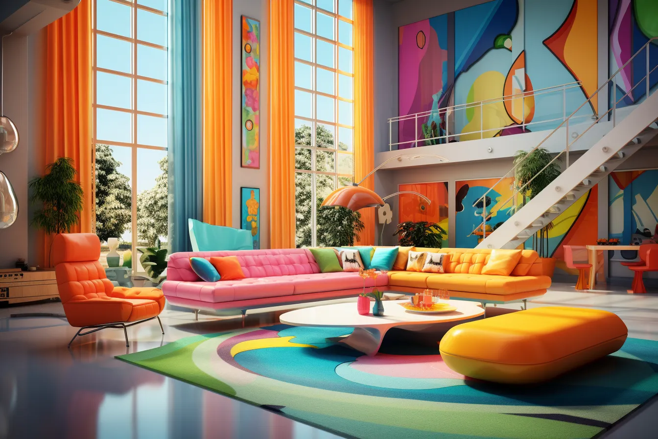 Several sofas and a chair in a living room, vibrant cartoonish, dreamlike architecture, color-madness master, multi-layered, orange, landscapist, electric color schemes