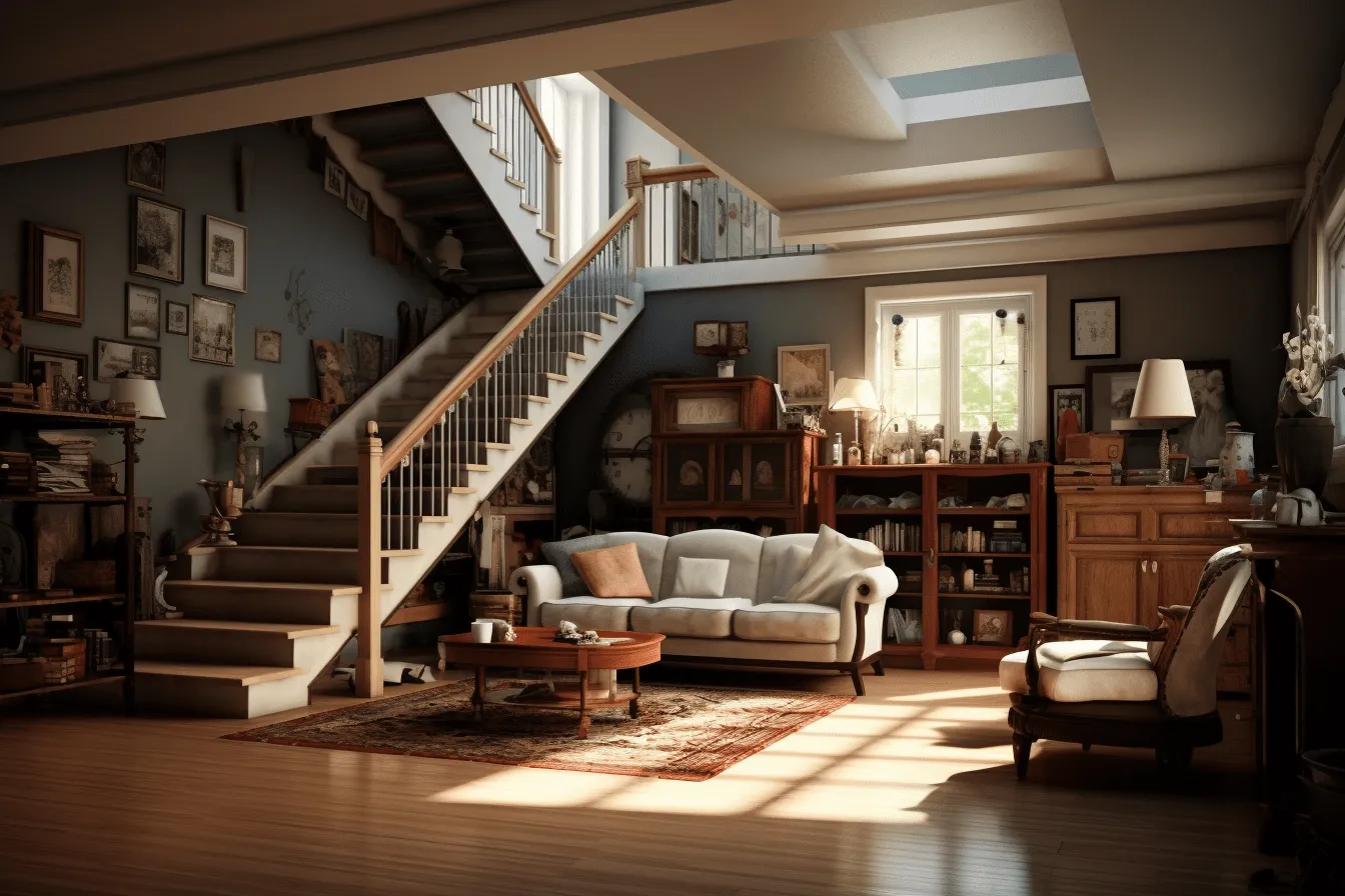 Image of an interior room with a chair and sofa, highly detailed environments, 32k uhd, suburban ennui capturer, light navy and brown, victorian, sunrays shine upon it, familiar domestic scenes