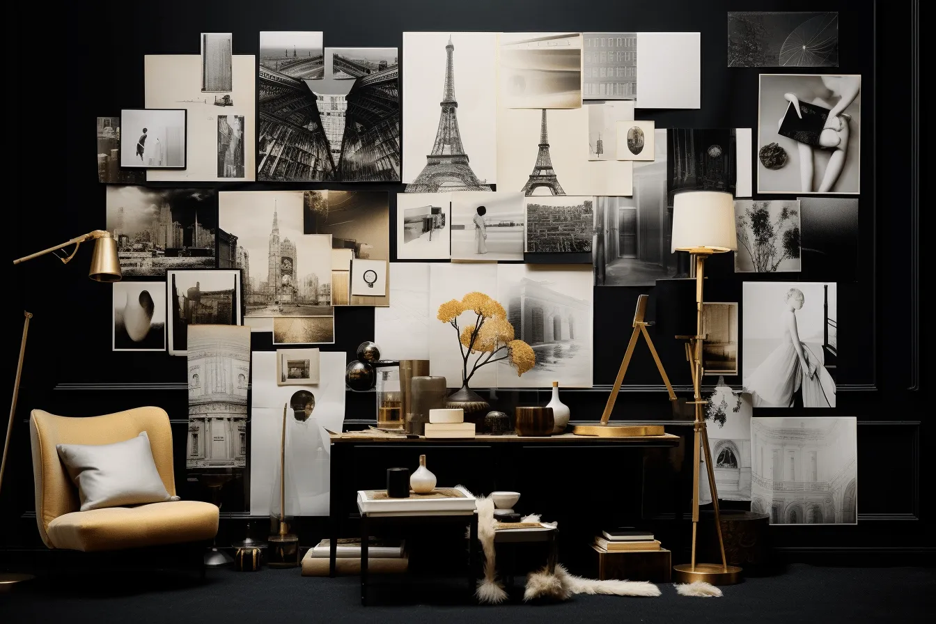 Room with lots of gold and black frames hanging to one wall, daz3d, distinctive black and white photography, vignettes of paris, deconstructed objects, dark gray and light amber, chicago imagists, use of paper