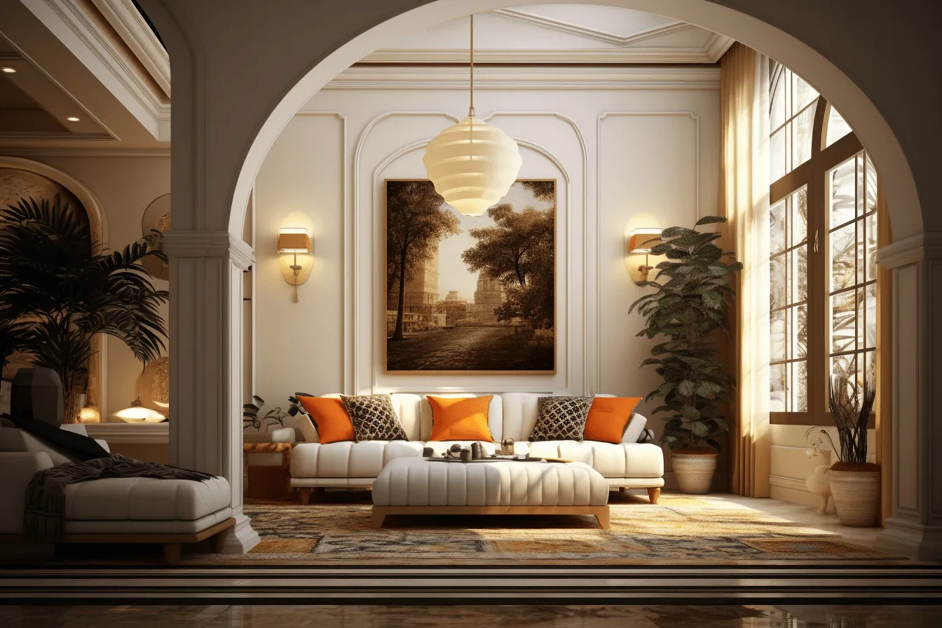 Large living room with two windows and an arch way, dark white and amber, orientalist influences, photorealistic pastiche, contrasting lights and darks, white and orange, vignettes of paris, iconic