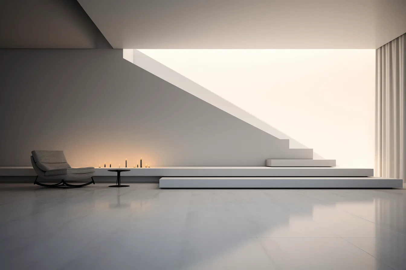 Room with modern decor and steps inside, serene minimalism, backlight, monochromatic serenity, white and orange, octane render, serene and tranquil scenes, somber mood