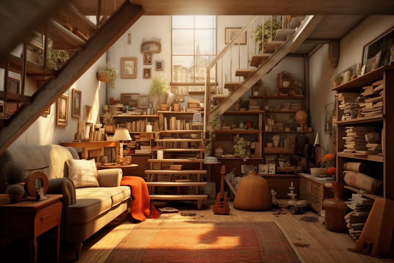 Room with stairs behind a couch, highly detailed environments, cottagecore, cluttered, golden light, 32k uhd, storybook illustrations, terracotta