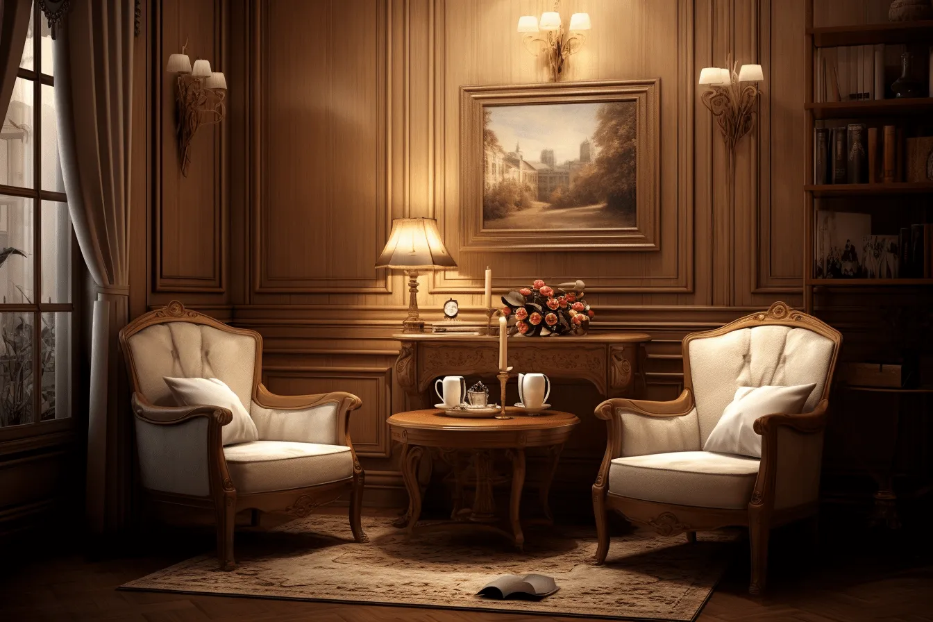 Room with a painting and chairs, realistic chiaroscuro lighting, classical architectural details, white and amber, highly realistic, vintage-inspired, wood, traditional vietnamese