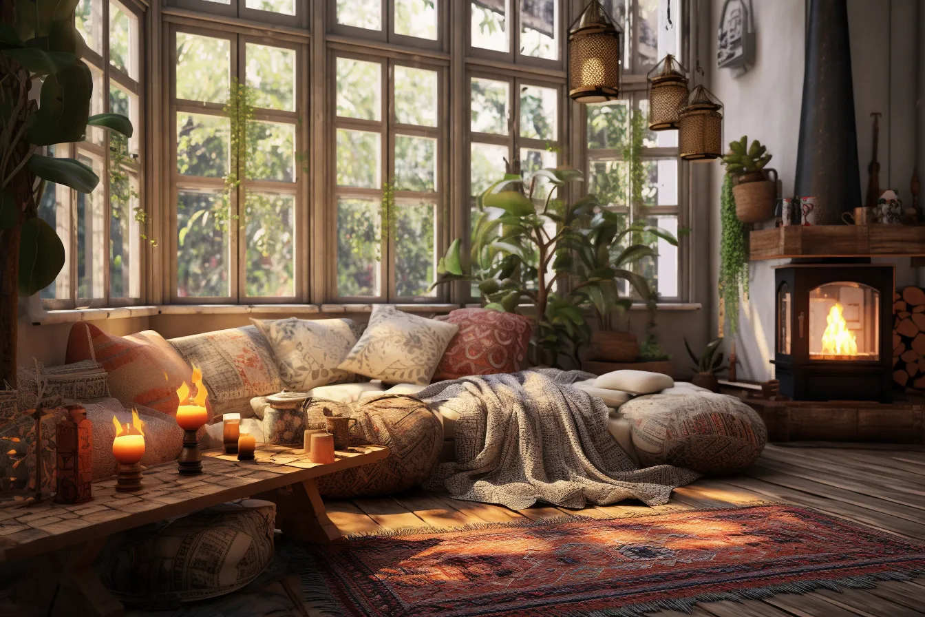 Room with wood burning stove and windows, vray tracing, exotic atmosphere, soft, dreamy scenes, orientalist, uhd image, sleepycore, comfycore