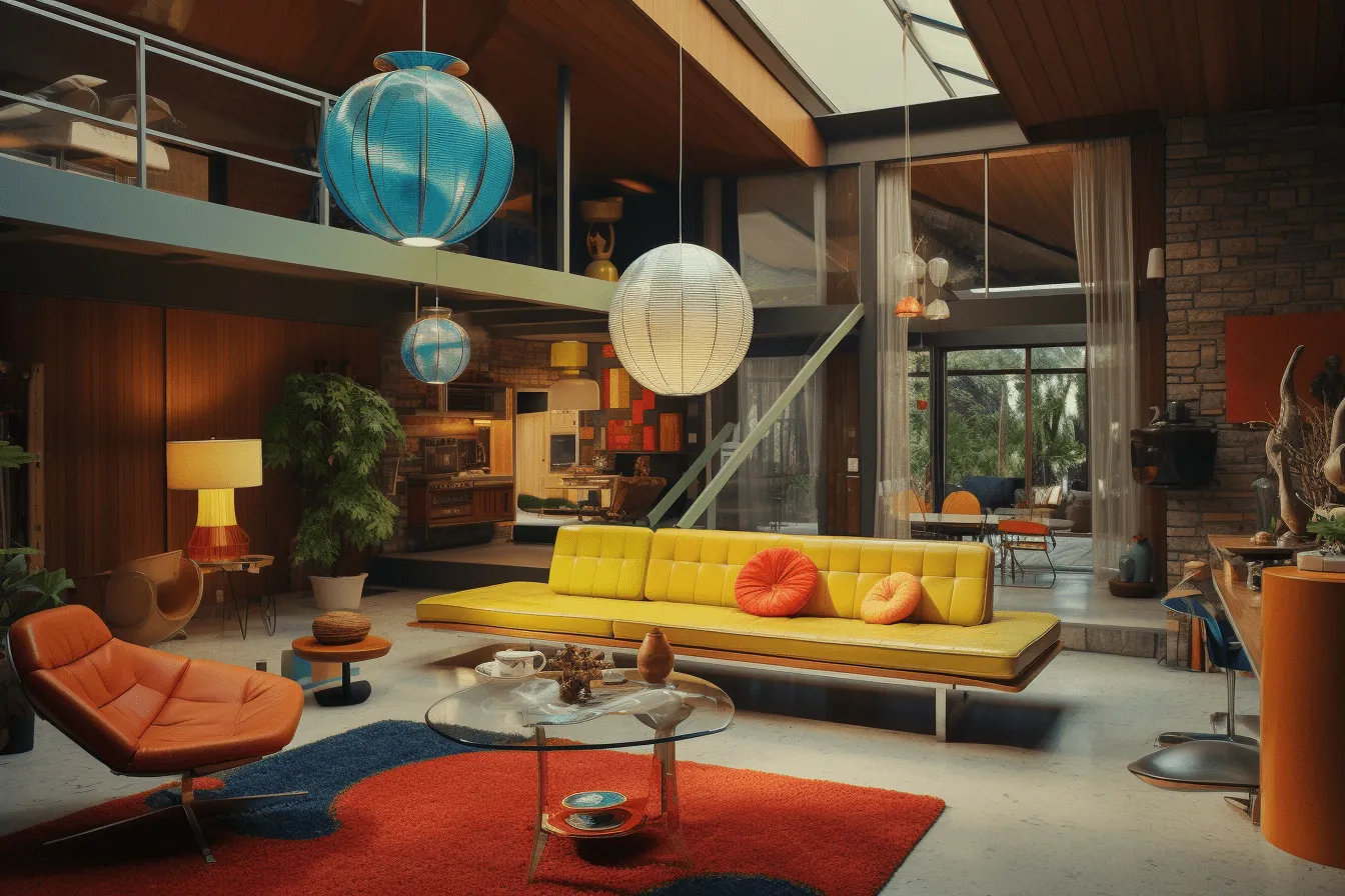 Room with yellow, mid-century modern design, unreal engine 5, outdoor scenes, color splash, , 1960s, lively interiors
