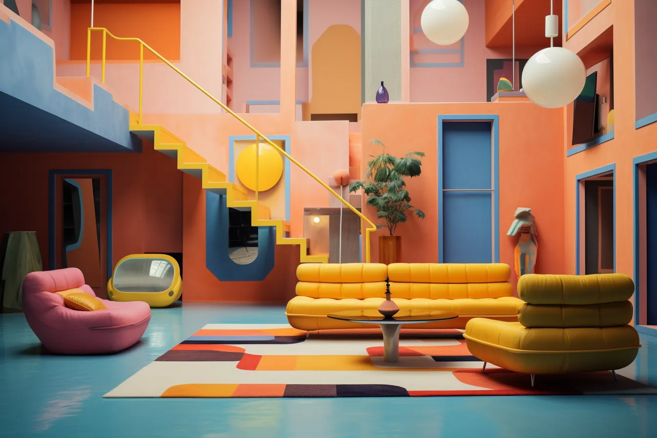 Colorful living room with furniture and chairs, rendered in cinema4d, bold shapes, maximalism, soft and rounded forms, playful scenes, eroded interiors, orange