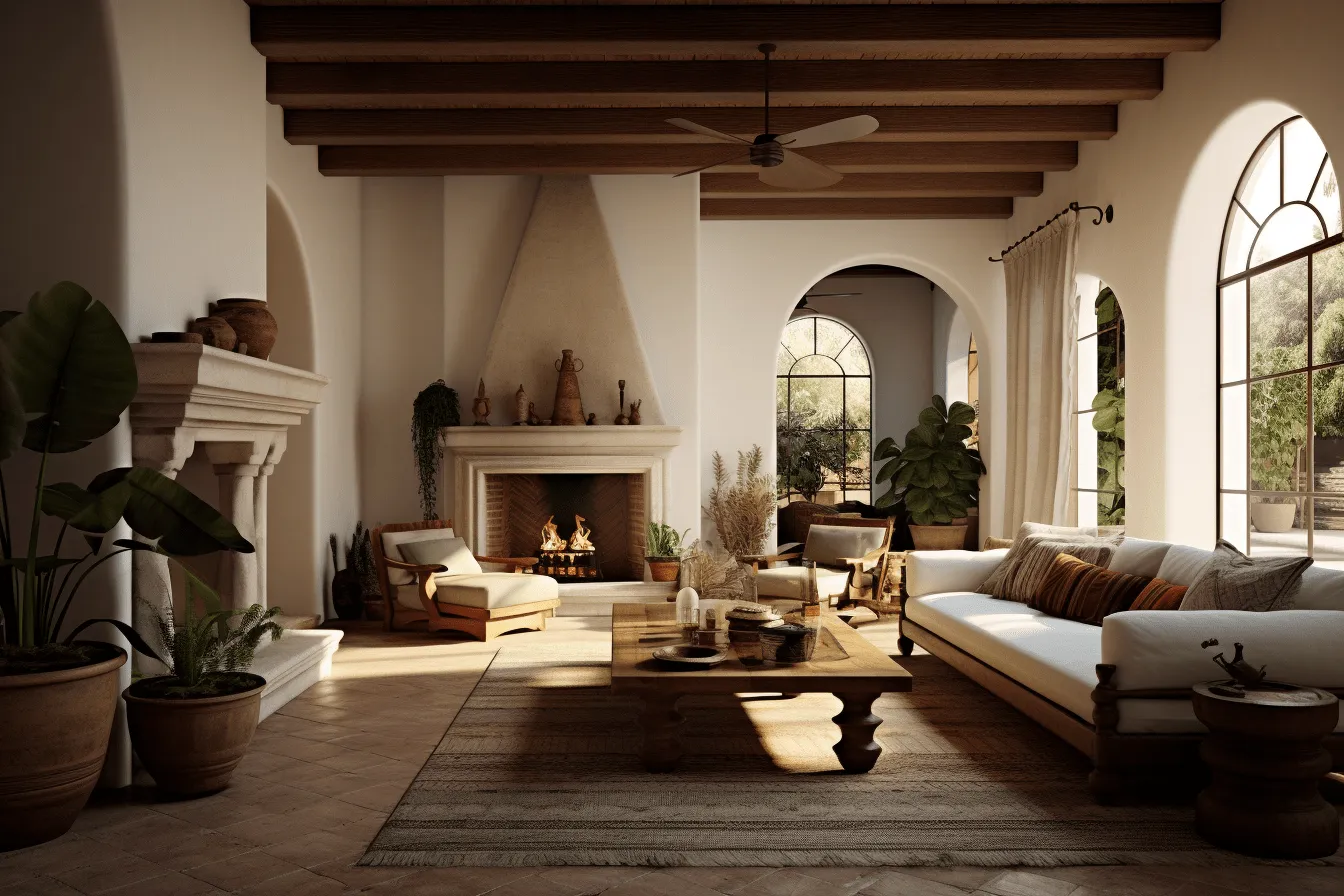 Indoor living space with a fireplace, mediterranean-inspired, vray tracing, american tonalist, rustic renaissance realism, contoured shading, rendered in maya, light white and amber