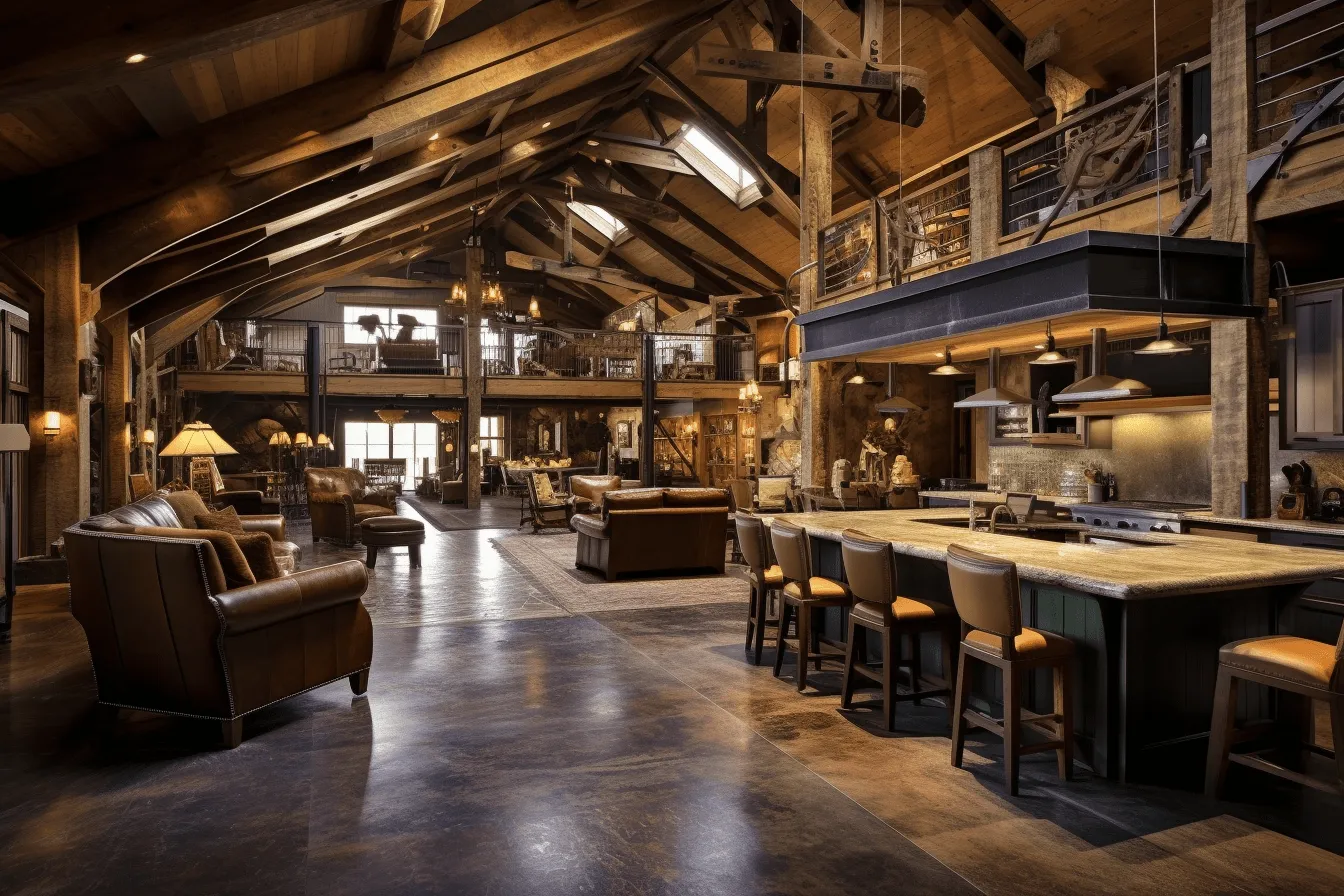 Living room and the kitchen has wooden beams, cowboy imagery, leather/hide, northwest school, campcore, grandeur of scale, timber frame construction, expansive spaces