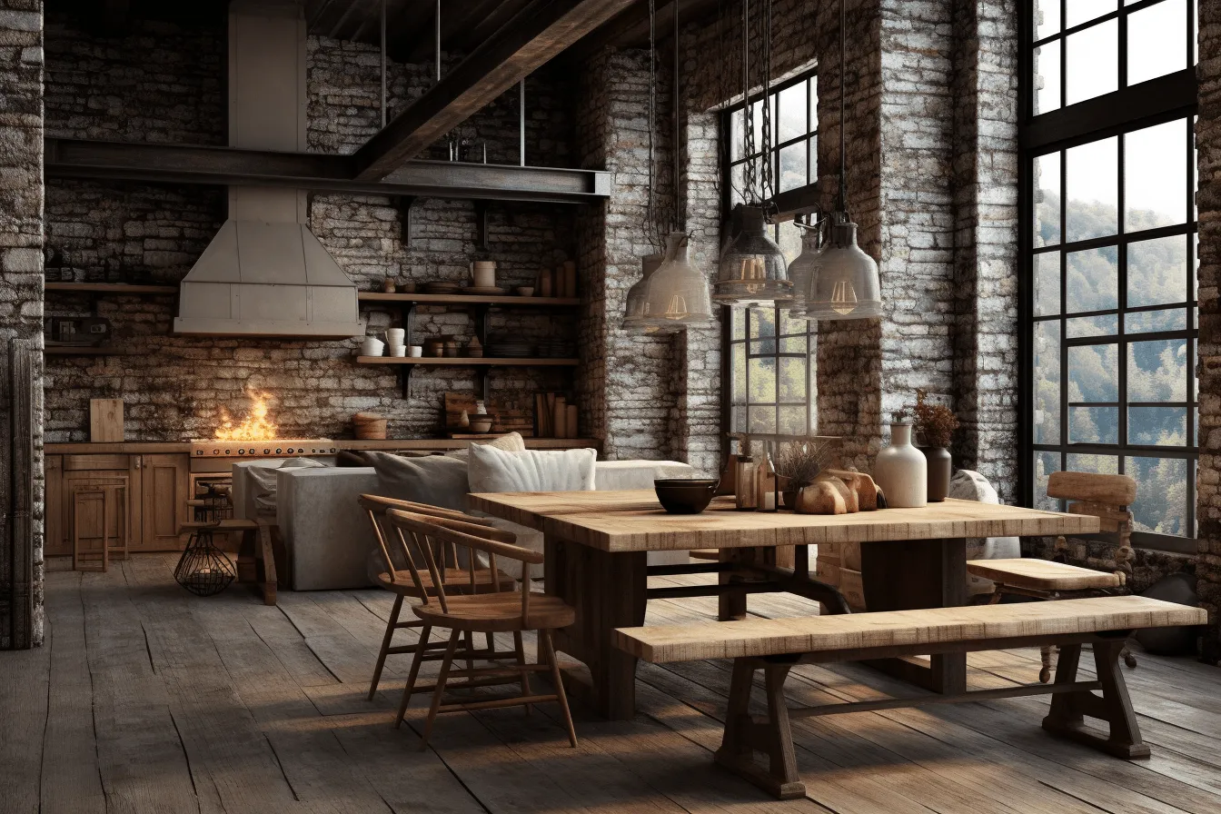 Wooden dining table with a bench and chairs on the table, rendered in unreal engine, industrialization, moody atmosphere, masonry construction, use of vintage imagery, airy and light, rustic charm