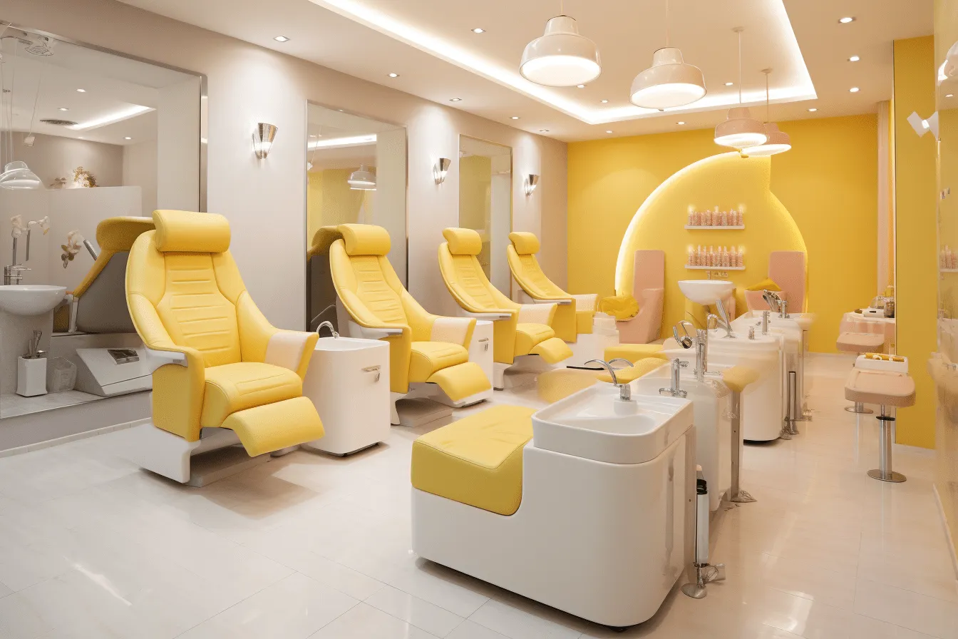 Beauty salon with color changing chairs and yellow chairs, hyper-realistic water, frequent use of yellow, rounded shapes, white and beige, feminine interiors, meticulous details, realistic interiors