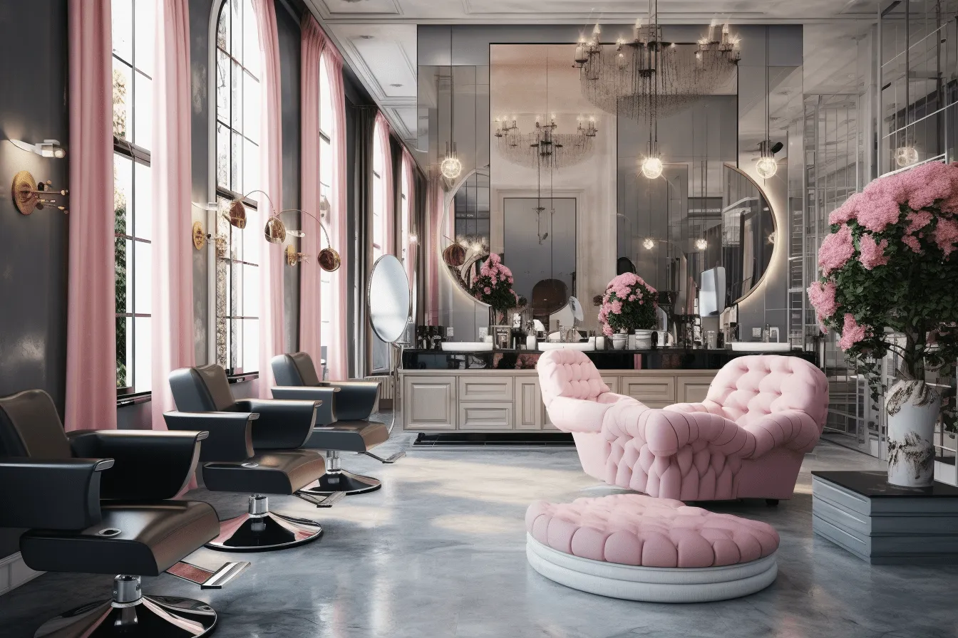 Salon with chairs and pink furniture, realistic and hyper-detailed renderings, rounded, vray, industrial elegance, romantic whimsy, neo-classical symmetry, detailed marine views