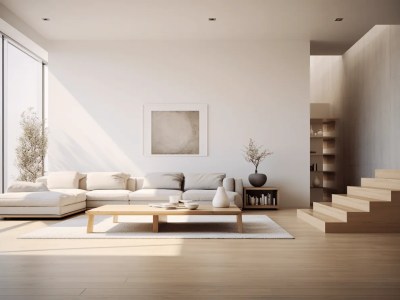 Simple Living Room With Hardwood Floors, White Furniture And Wooden Stairs
