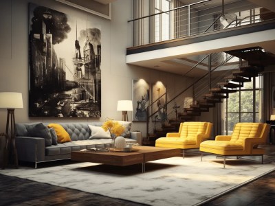 Sitting Room In A Building With Stairs And Yellow Sofa