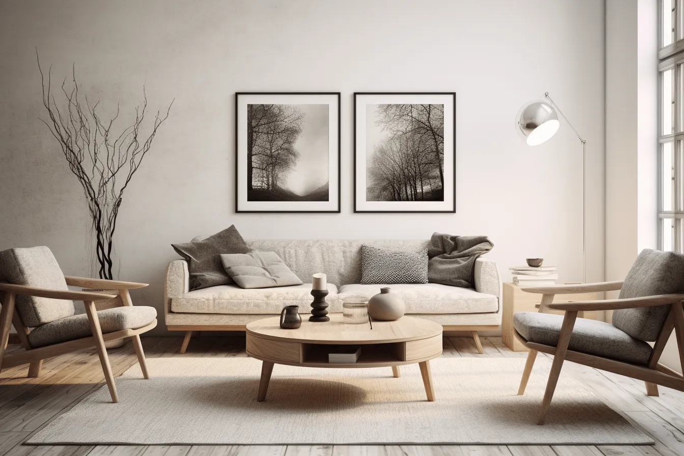 Gray living room with brown furniture, realistic depiction of light, monochromatic artworks, 8k resolution, earthy textures, cottagecore, eco-friendly craftsmanship, light beige and black