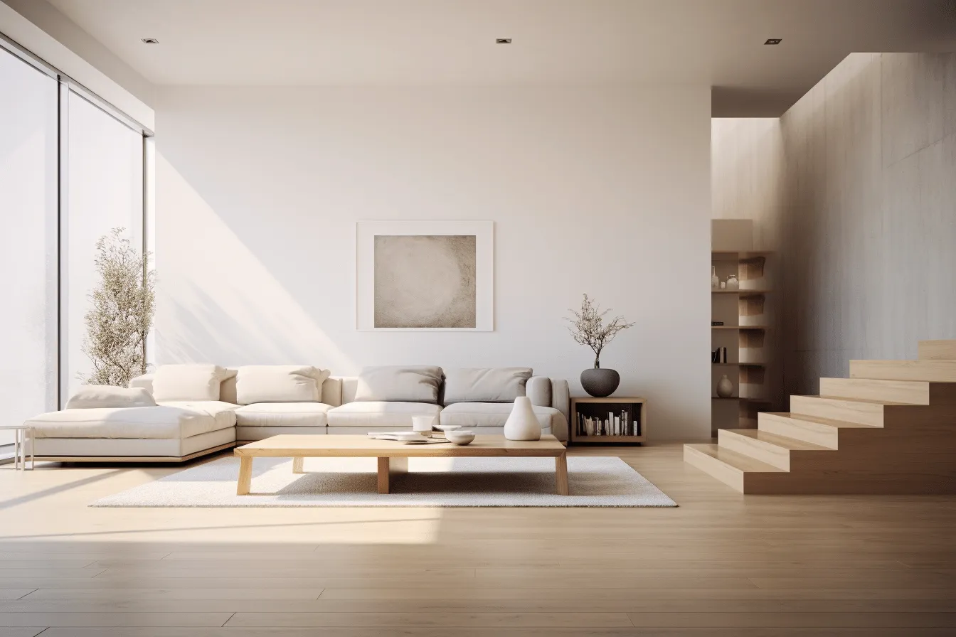 Simple living room with hardwood floors, white furniture and wooden stairs, zen minimalism, subtle ink wash, rendered in maya, light beige and bronze, eco-friendly craftsmanship, monochromatic masterpieces, precise craftsmanship