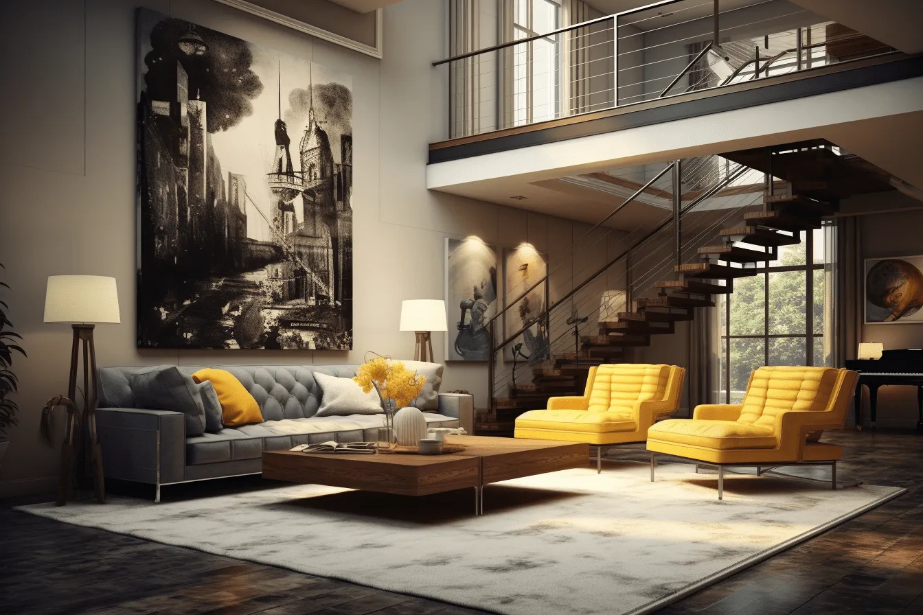 Sitting room in a building with stairs and yellow sofa, highly detailed cityscapes, industrial chic, 8k resolution, richly layered, luxurious, highly detailed, art deco elegance
