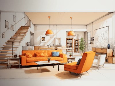 Sketch Of A Modern Living Room With Orange Furniture And Stairs