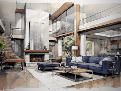 Sketch Of An Open Living Room With Modern Furniture