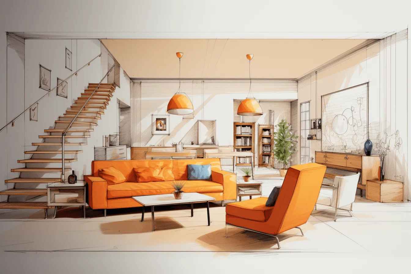 Drawing of a room with a orange sofa and chair, 32k uhd, industrial elements, accurate and detailed, harmonious color palette, high-angle, captivating