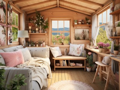 Small Cottage Home On A Large Deck Is Decorated With Plants