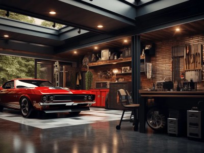 Small Garage With A Red Muscle Car