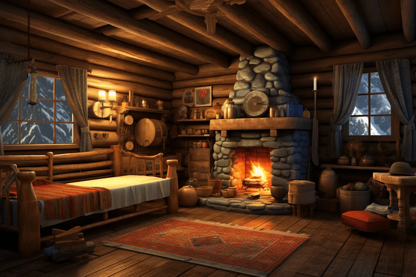 Small 3d cabin room, daz3d, traditional composition, uhd image, wallpaper, goosepunk, 19th century, ps1 graphics