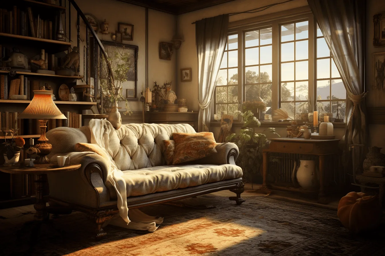 Rug is placed on the floor, unreal engine 5, nostalgic romanticism, sunrays shine upon it, dutch genre scenes, rendered in unreal engine, english countryside, beige and amber