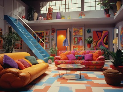 Sofa And Chairs In A Multi Colored Room