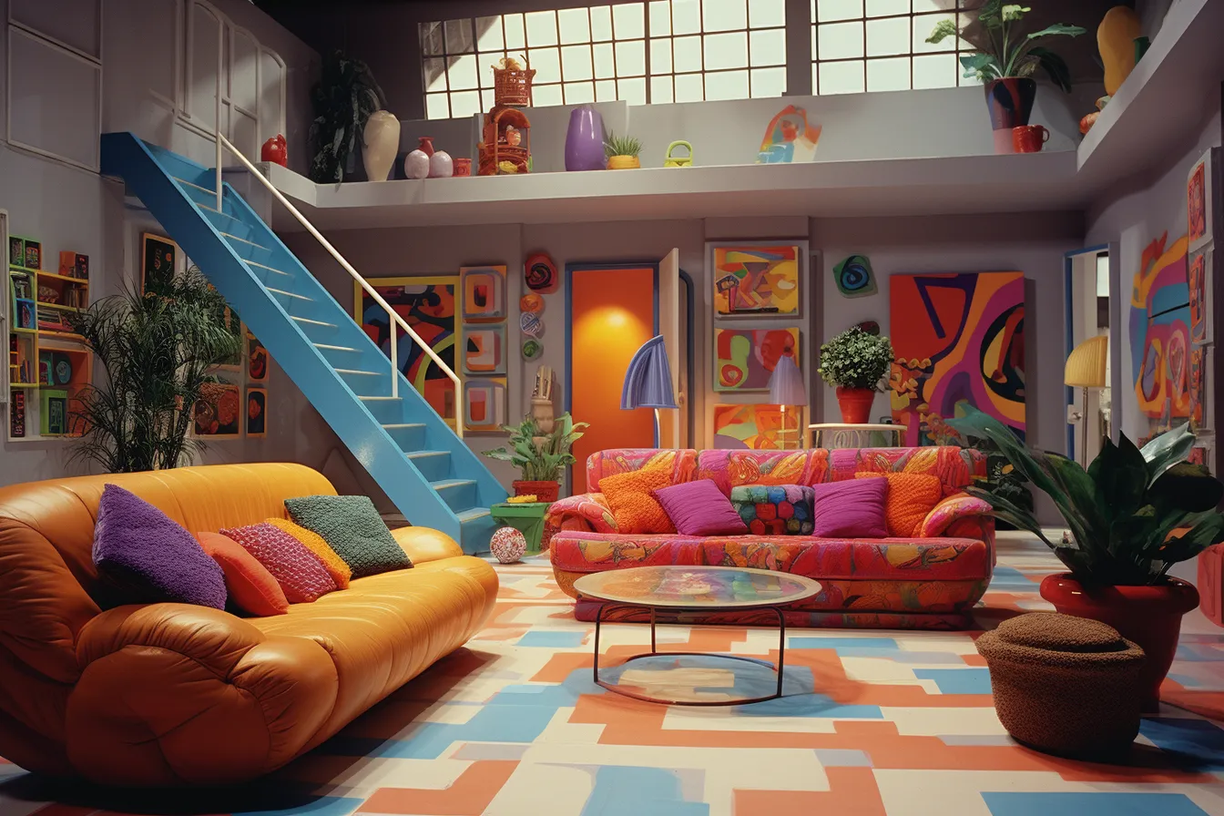 Family room containing sofas, chairs, a fireplace, a table and the steps up to a balcony, cartoon-inspired pop, psychedelic hues, cinematic sets, 1990s, terracotta, oversized objects, studio light