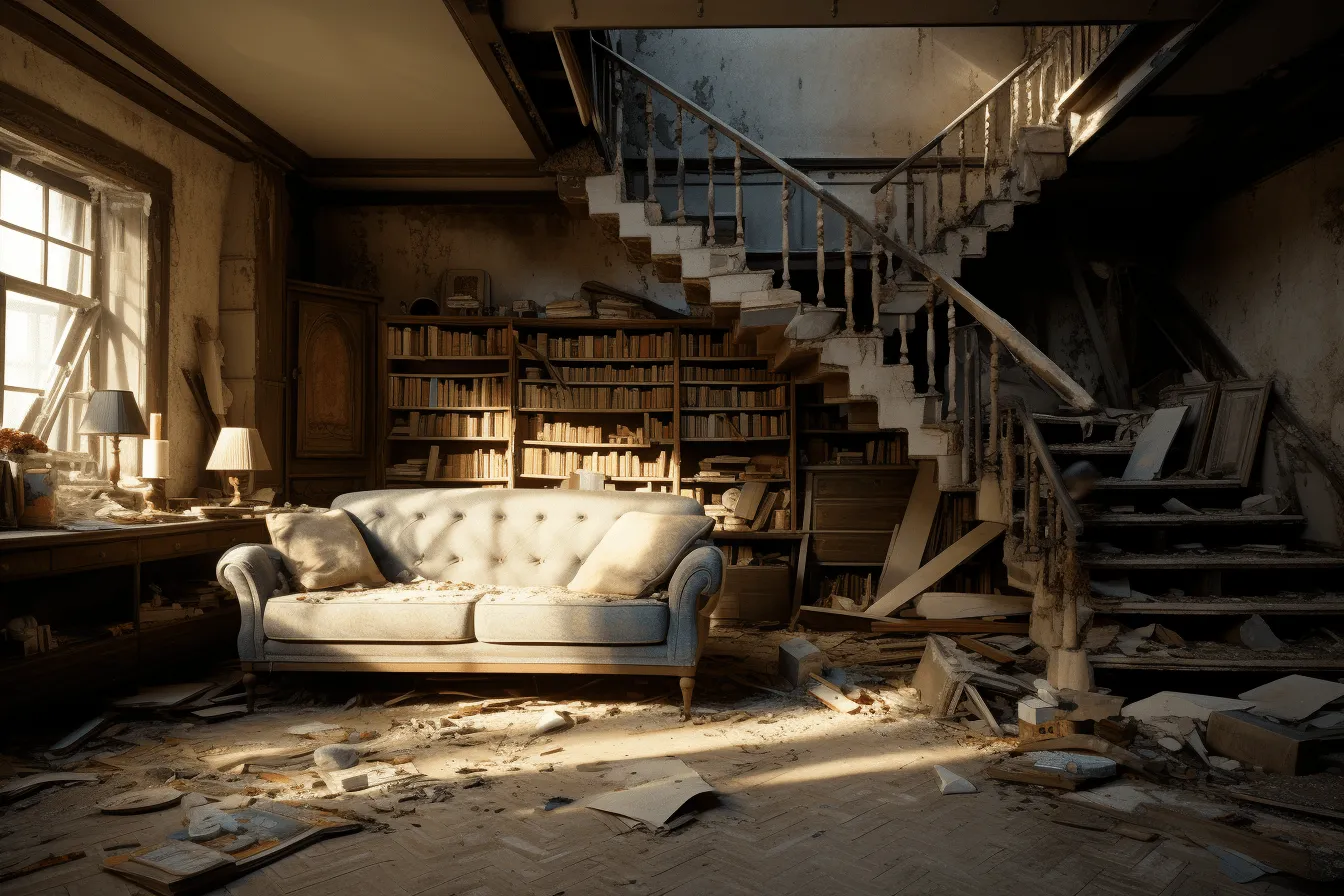 Sofa is comfortable, post-apocalyptic ruins, rendered in unreal engine, golden light, dissected books, white and beige, uhd image, victorian