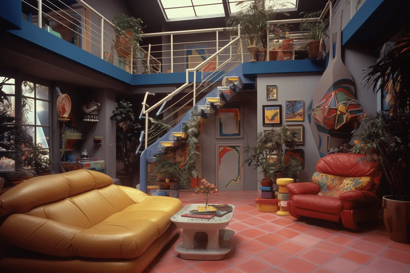 Leather yellow couch in room, whimsical sci-fi, neo-geo, dark gray and blue, organic architecture, high-angle, terracotta, kitsch