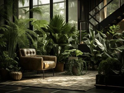 Space Filled With Plants, A Chair And Lamps